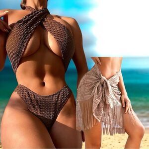 Chic Brown Bikini Swimwear l Cris-cross bikini & sarong l NWOT